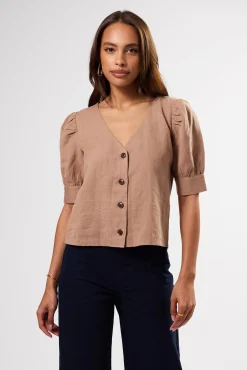 V Neck Cuff Sleeved Blouse